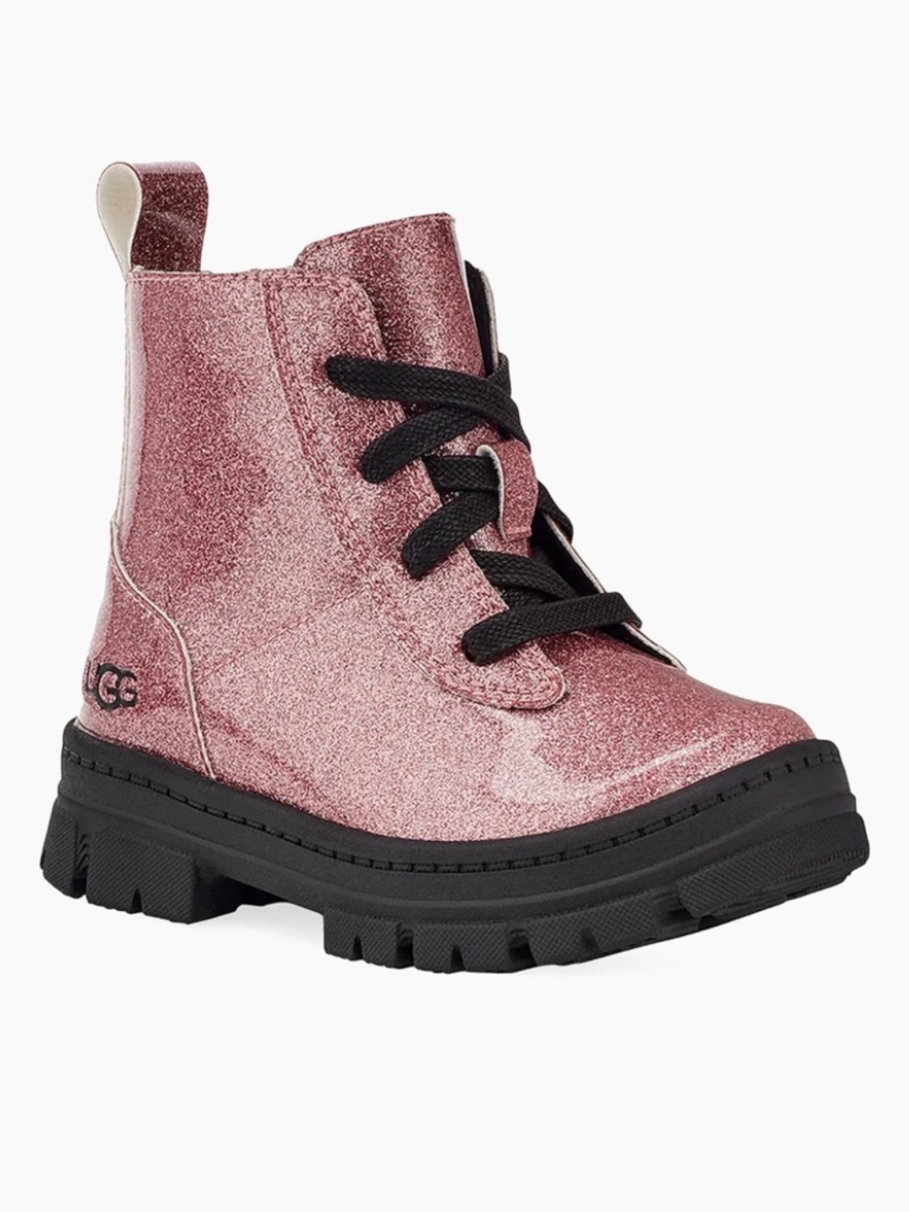 UGG Girls Ashton Pink Glitter Lace-Up Combat Boot